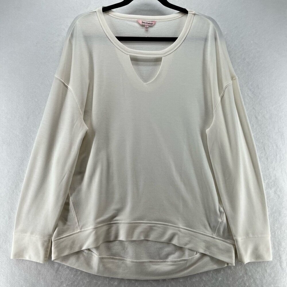 Juicy Couture Sweatshirt Sz L Terry Keyhole Neck Long Sleeve Pullover Off White